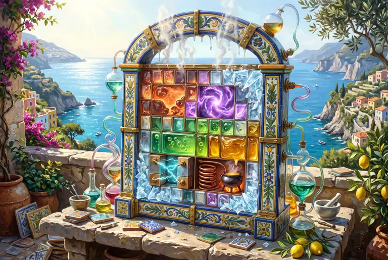 Illustrazione per Sandboxels: un laboratorio alchemico a griglia di mosaici luminosi dove metalli fusi, elettricità, liquidi e cristalli reagiscono tra loro.