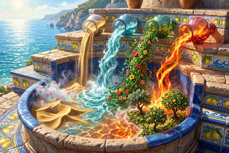 Illustrazione per Sandspiel: una vasca terrazzata in travertino e maiolica dove sabbia dorata, acqua turchese, piante e fuoco interagiscono dal vivo.