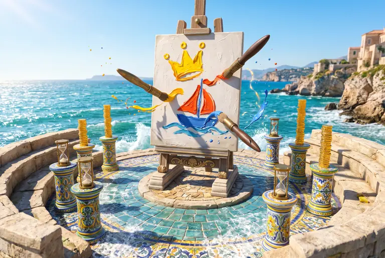 Illustrazione per skribbl.io: una grande tela d'affresco sul molo circondata da postazioni in maiolica e clessidre mentre pennelli sospesi tracciano un indovinello visivo.