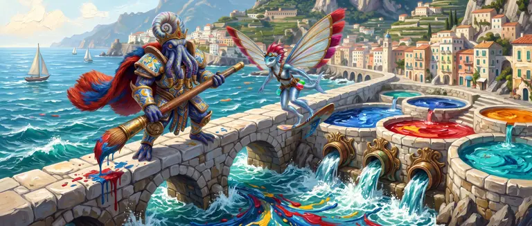 Veduta panoramica delle Vasche degli Elementi sul Molo Cromatico con Maestro Pennelmaro Vael sul ponte centrale e Marisella Tempera in volo sopra i bacini di pigmento.